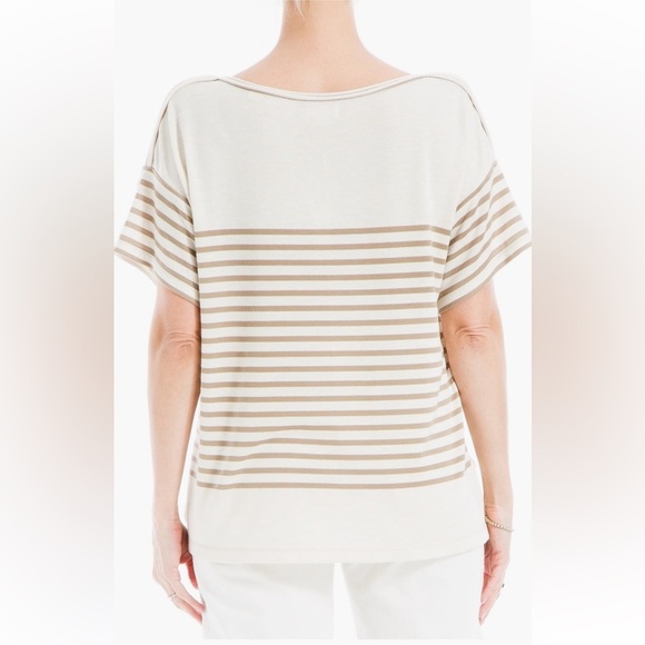 MAX STUDIO Beige and tan Striped Short Sleeve Top size L - Picture 2 of 15